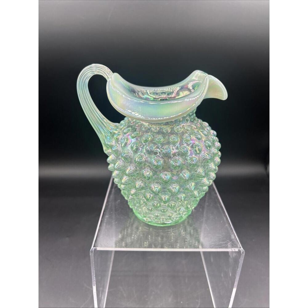 Fenton Hobnail Iridescent Opalescent Willow Green Glass Pitcher  5 1/2”